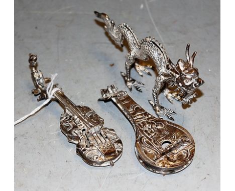 An early 20th century German silver miniature violin, probably by Simon Rosenau; together with a silver lute and a Chinese si