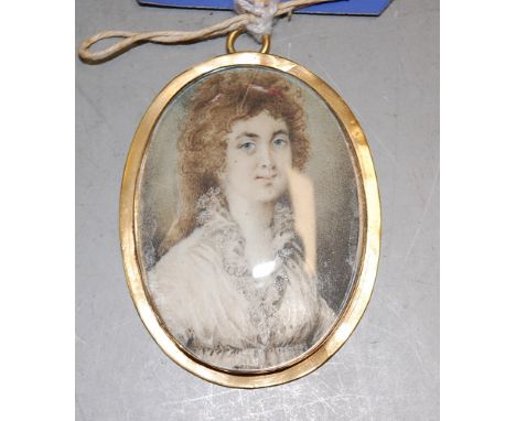 Mid-18th century school, bust portrait miniature of Elizabeth Crang, watercolour on ivory, in yellow metal frame, inscribed v