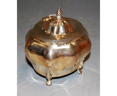 A circa 1900 silver tea caddy and cover, of bombe form, on hoof feet, maker Charles Westwood &amp; Sons, Birmingham 1901, 5oz