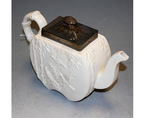 A Victorian Copeland stoneware teapot in the Japanese taste, with pewter hinged cover, impressed and raised lozenge mark vers