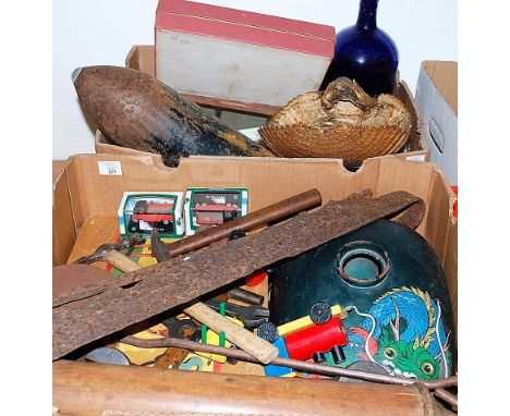 Two boxes of mixed effects to include hand painted motorcycle petrol tank, various hand tools, Bristol Blue glass bottle etc