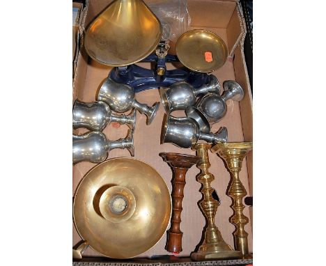 Assorted metalware, to include pair of brass candlesticks, Tudric pewter goblets, pan-scale etc