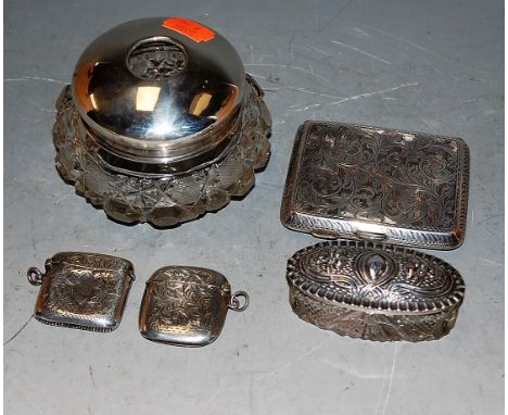 Mixed lot of silver items, to include table-top silver and cut glass brush pot, silver cigarette case, circa 1900 silver vest