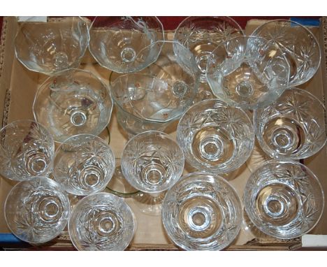 A small box of cut crystal wine glasses and further floral enamel decorated examples