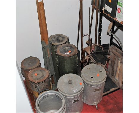 A mixed lot to include early 20th century camera stand and tripod, galvanised tea urns, mangle, etc