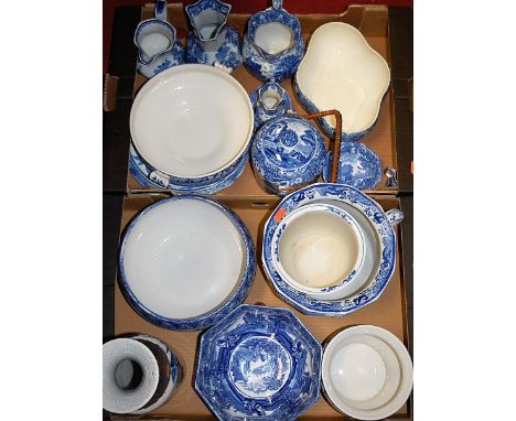 Two boxes of blue and white tableware, to include Copeland Spode biscuit barrel and cover, Cauldon jug, Chinese blue and whit