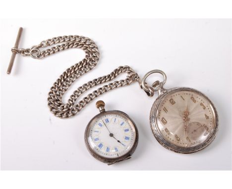 A Swiss silver cased open faced pocket watch, the engine turned decorative dial with Arabic numerals, decorative hands, secon