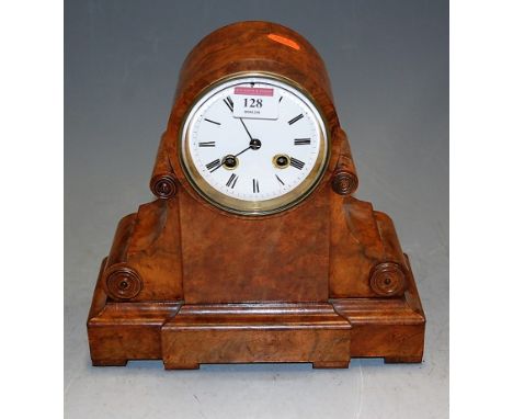 A Victorian figured walnut cased mantel clock, having white enamel dial and French brass eight day cylinder movement, with ou