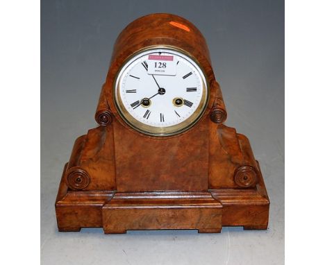 A Victorian figured walnut cased mantel clock, having white enamel dial and French brass eight day cylinder movement, with ou