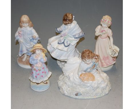 Three various modern Coalport figures comprising Raggety Ann, A Christmas Kitten, and Visiting Day; together with two modern 
