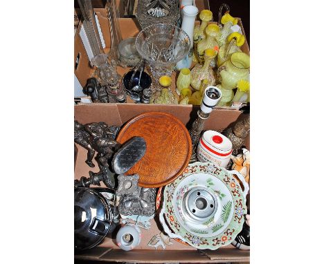 Two boxes of mixed sundries, to include pair of silver plated squat candlesticks, gilt metal table lamp bases, A.E. Williams 