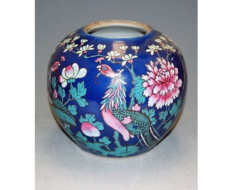 A Chinese stoneware ginger jar, enamel decorated with flowers and foliage on a blue ground (cover badly damaged)