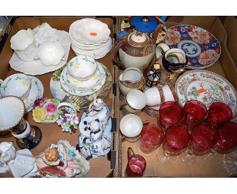Two boxes of mixed ceramics and glass, to include pair of Worcester style vases, Doulton Images figure group, cranberry glass