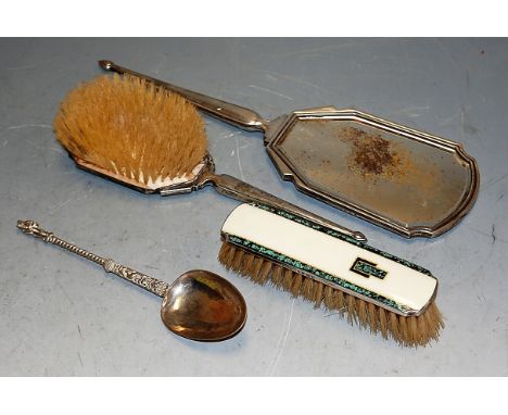 An Art Deco silver and enamel three piece dressing table set; together with a Continental silver apostle spoon (4)