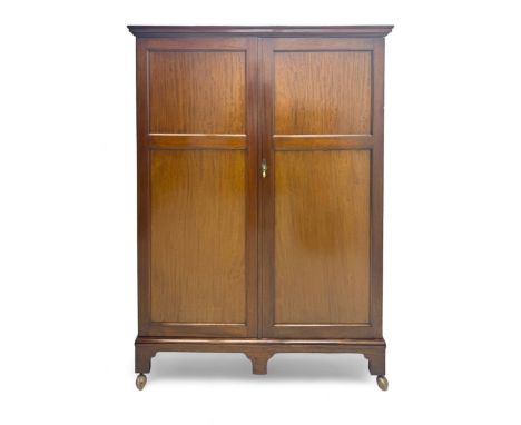 Wylie & Lochhead, Glasgow - early 20th century mahogany and satinwood double wardrobe, projecting cornice over panelled doors