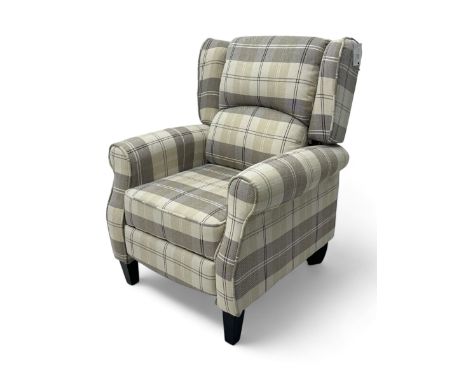 Contemporary wingback recliner armchair, upholstered in grey and cream tartan fabric, manual reclining mechanism with footres
