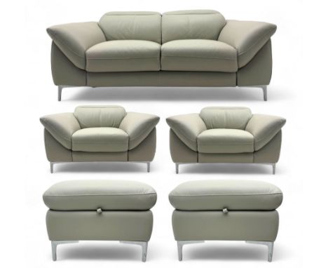 Contemporary 'Furniture Village' Galaxy lounge suite upholstered in silver  grey leather, to include two-seat sofa with manua