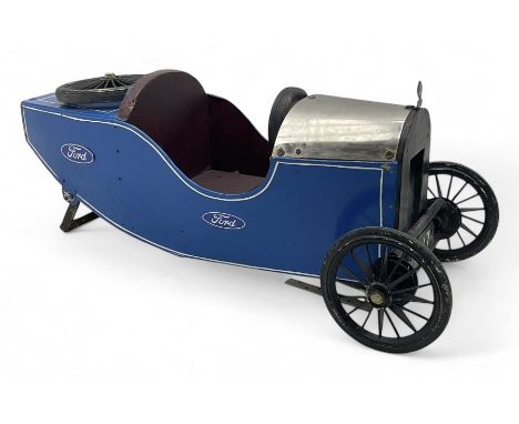 Scratch-built mid-20th century children's pedal car, featuring a blue-painted wooden body with a metal bonnet, functional bul