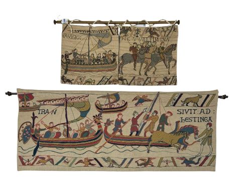 Three mid-20th century reproductions of the Bayeux tapestry, depicting Scene 38: Norman soldiers boarding ships for the voyag