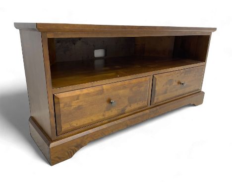 Contemporary hardwood corner television media unit, rectangular top with chamfered rear edges, open shelf above two bevelled 