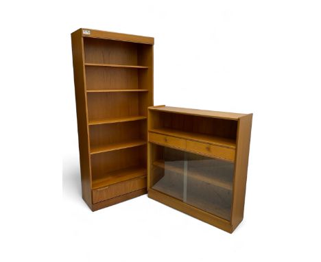 Nathan - mid-20th century teak open bookcase, rectangular top over open shelf, two drawers and sliding glass door enclosing a