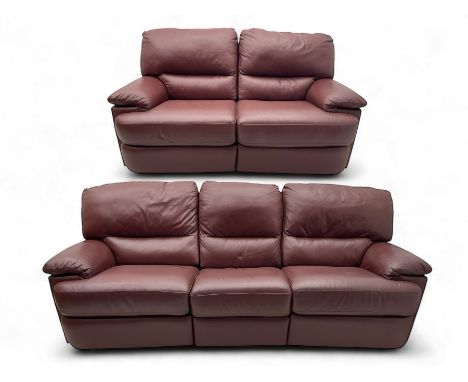 Contemporary maroon leather manual reclining lounge suite - three-seat sofa with deep cushioned design, padded back, seat and