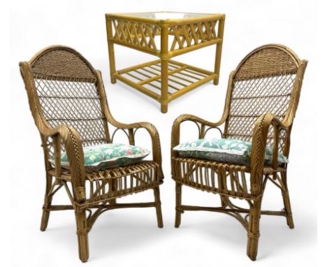 Contemporary rattan conservatory set, comprising a pair of high-backed armchairs with lattice weave backs and arms, upholster