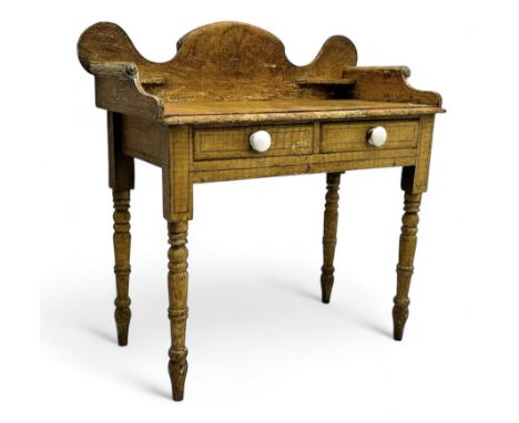 Victorian scumbled pine dressing table, rectangular top with shaped and scrolled gallery back, fitted with two drawers with c