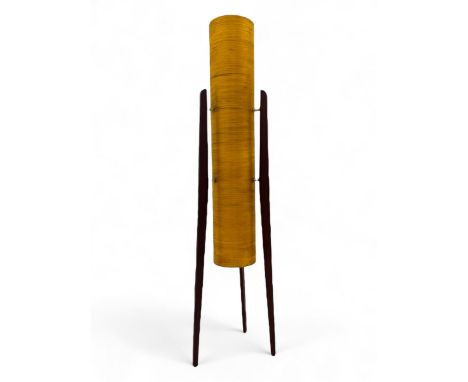 Mid 20th century 'Rocket' floor lamp, with cylindrical yellow woven fibreglass shade, on tripod teak supportsDimensions: Heig