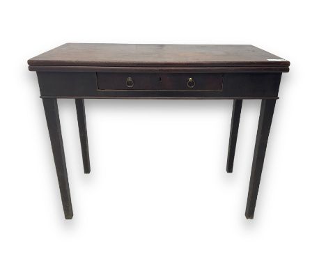 George III figured mahogany tea table, fitted with single frieze drawer with brass ring handles, single gate-leg action base,