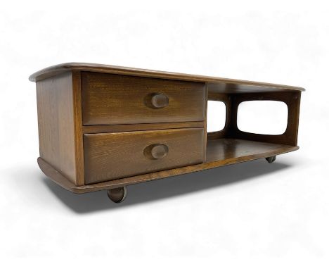 Lucian Ercolani for Ercol - mid-20th century elm and beech 'Minerva' coffee table, rectangular top with rounded corners, fitt