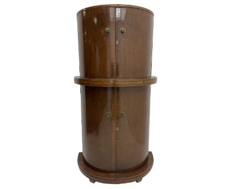 1930s Art Deco walnut demi-lune cocktail cabinet, enclosed by four curved doors, the upper section with mirrored interior, gl