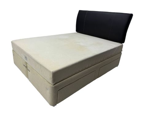 Contemporary king size 5' Tempur divan bed, black leather upholstered headboard, beige fabric divan base with four drawers; T