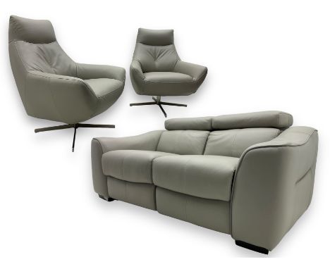 Furniture Village - contemporary two-seat sofa upholstered in pale grey leather, manual adjustable headrest, on block feet (W