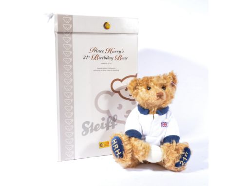 Modern Steiff teddy bear, Prince Harry 21st Birthday bear, edition of 1500, with rugby shirt and ball, with growler, boxed.