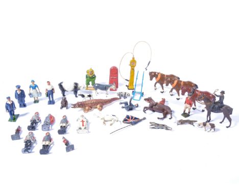 Lead painted toy figures, including zoo animals, hunting figures, clown, petrol pumps etc. 