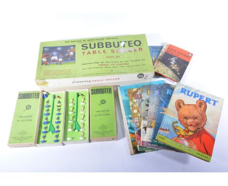 Vintage childrens annuals and toys, including Rupert annuals, Subbuteo sets and draughts set. 