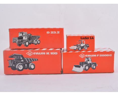 NZG diecast models O&K Orenstein and Koppel construction vehicles, Faun F2000C, Faun D23.2, Faun R100, Lader L4, all boxed (4