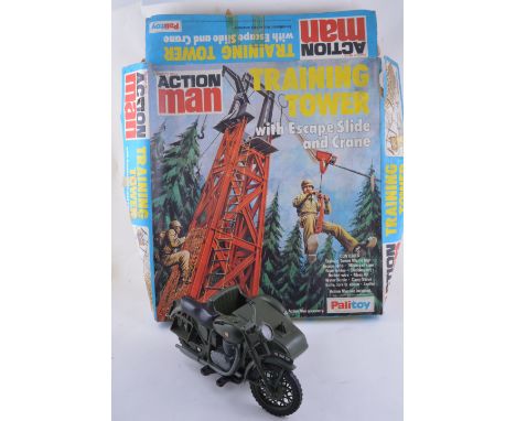 Action Man Training Tower by Palitoy, boxed, along with Action Man vehicles, tank, motorbike with sidecar etc.  