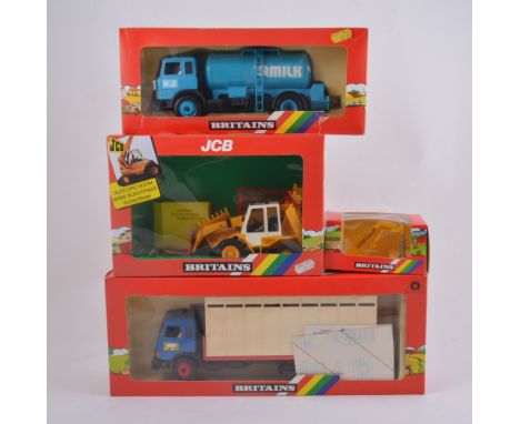 Britains farm and Autoway toy models, 9519 JCB Loadall, 9569 Post-hole Digger, 9604 Milk Transporter, 9580 Animal Transporter