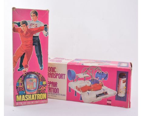 Six Million Dollar Man Mascatron action figure by Denys Fisher, with instructions and masks, boxed, along with the Bionic Tra