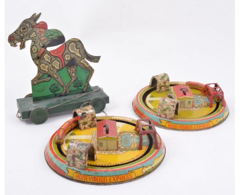 R. Hitchon pullalong horse and jockey, trade move reliable series, along with 2 tin-plate Honeymoon Express models by Marx c1