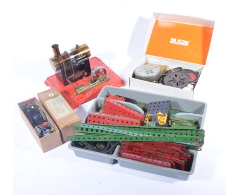 Mamod stationary engine, with a selection of Meccano parts, strips, gears, etc.