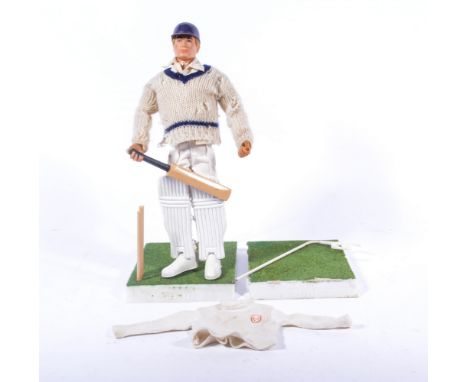 Action Man figure by Palitoy, blond hair figure with Cricket Cricketeer set, with two bases, wickets, cricket bat, outfit, so