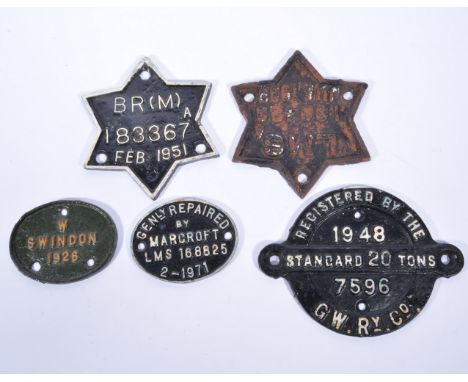 Cast iron railway plaques, LMS 165429A Jul 1939, E Swindon 1926, Marcroft LMS 168825 2-1971, BR(M) 183367 Feb 1951, Standard 