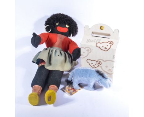 Merrythought Gollywog doll, modern Steiff Eeyore from Winnie the Pooh, large plastic walk along doll by Pedigree with outfits