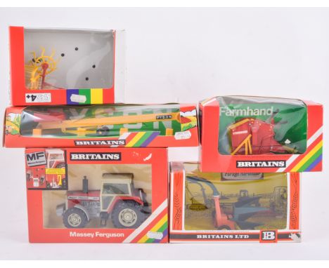 Britains farm toy models, 9520 Massey Ferguson tractor, 9532 Round Baler, 9579 Elevator, 9538 Rotary Tedder, 9542 Forage Harv