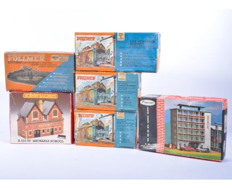 Model buildings for OO gauge railway, including Railroad Station by Aurora, R.535 St Michaels School by Hornby, and other mod