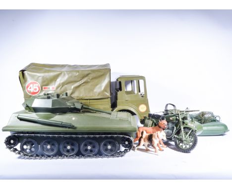 Action Man figure vehicles, including large covered army wagon, motorbike and sidecar, tank, boat and two dogs. 