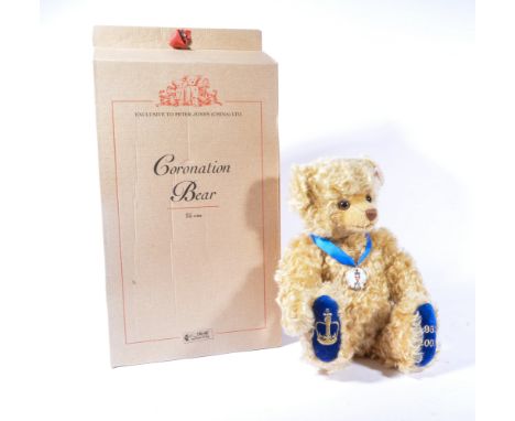 Modern Steiff teddy bear, Coronation bear for Pete Jones China Ltd, edition of 1953 made in 2003, pink curly fur and growler,